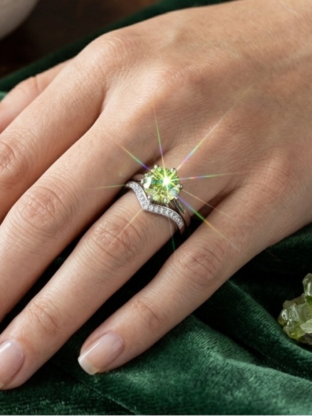 NEW Radiant 3 Carat Green Moissanite Solitaire Ring-Silver Plated - GRA - Adj